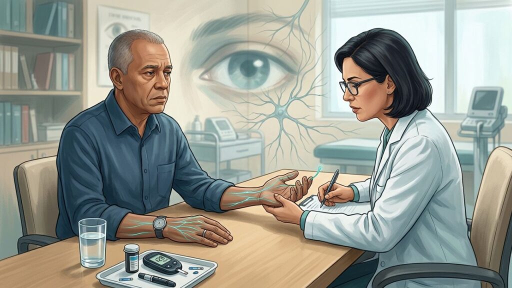 Formigamento nas mãos pode sinalizar diabetes quando vem com sede e visão turva.