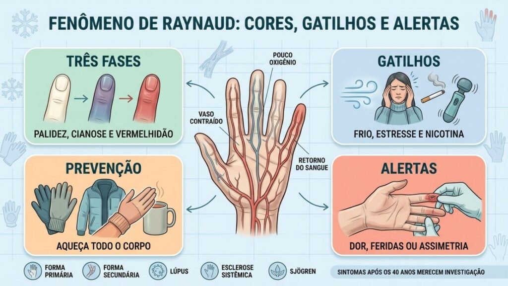 Cores, gatilhos, prevenção e sinais de alerta do fenômeno de Raynaud.