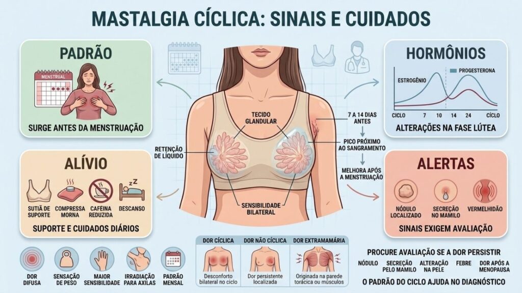 Padrão mensal, hormônios, cuidados e sinais de alerta explicam a mastalgia cíclica.