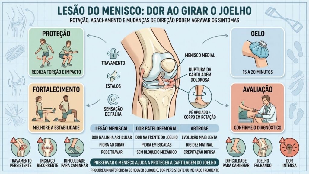 Proteção, gelo, fortalecimento e avaliação orientam o cuidado da lesão meniscal.