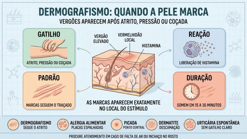 Gatilho, histamina, traçado e duração ajudam a reconhecer o dermografismo.