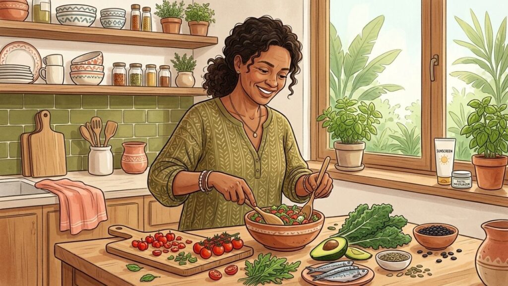 Vitamina C, antioxidantes e gorduras saudáveis apoiam a renovação cutânea.