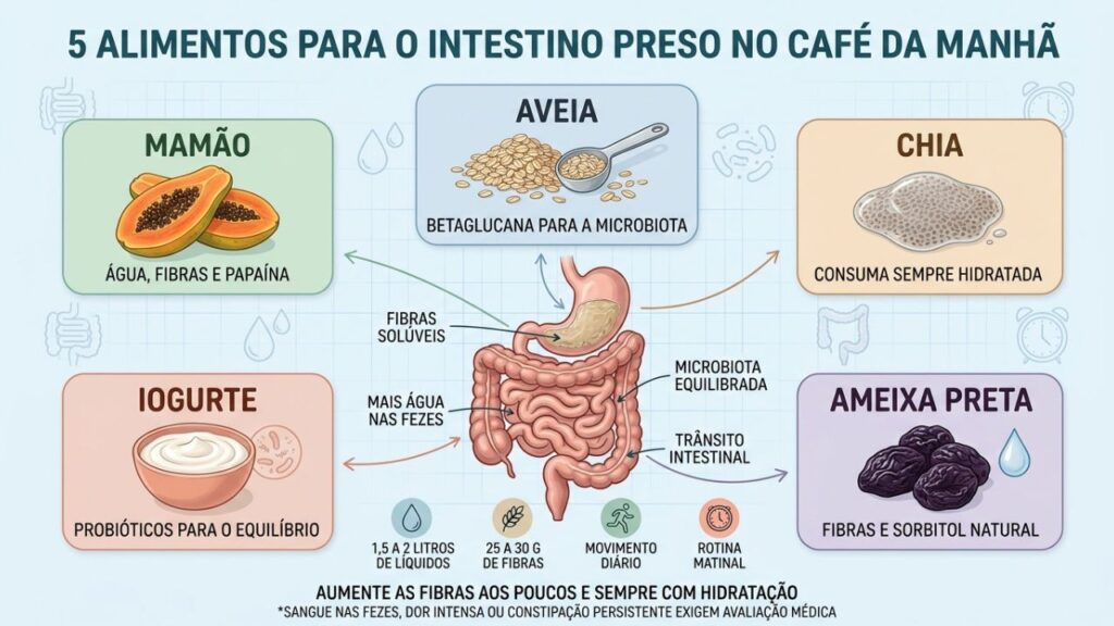 Fibras e água no café da manhã ajudam a formar fezes macias.