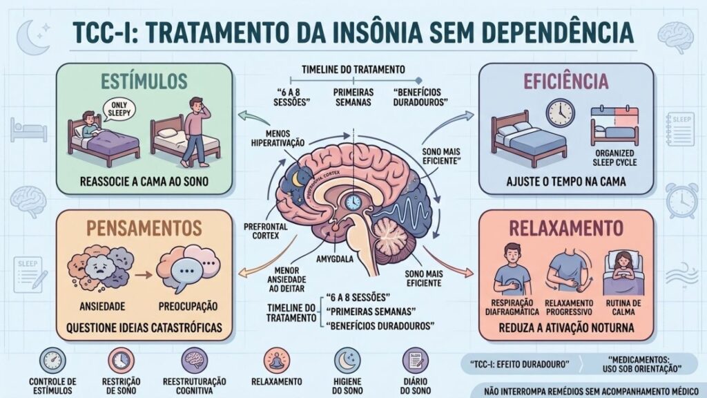 Estímulos, eficiência, pensamentos e relaxamento estruturam o tratamento da insônia.