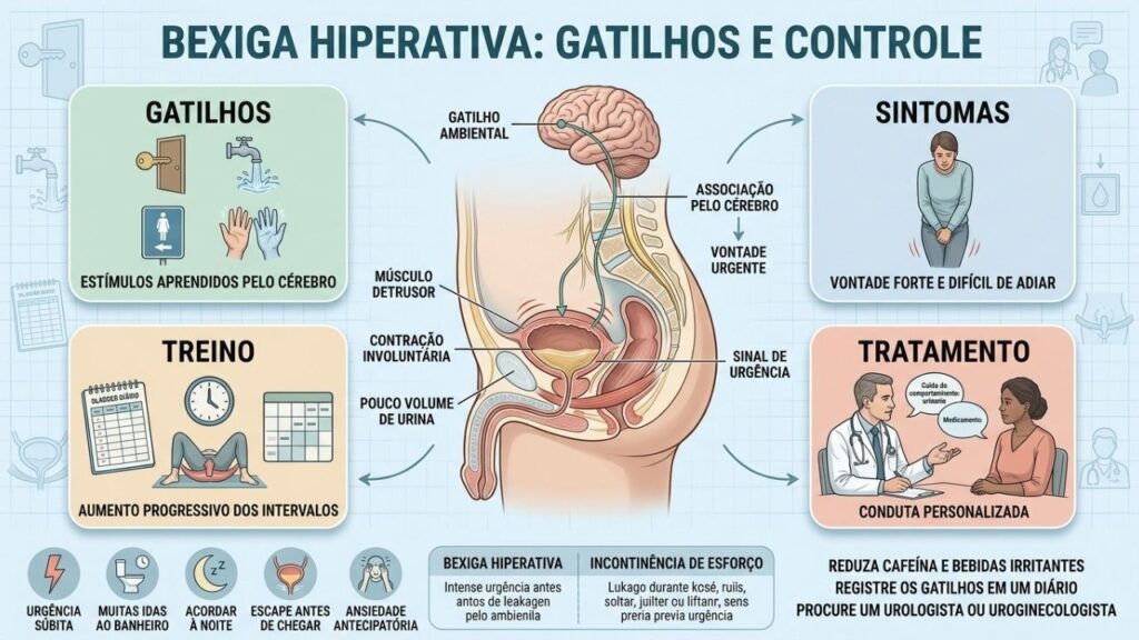 Gatilhos, contrações involuntárias e treino ajudam a controlar a bexiga hiperativa.