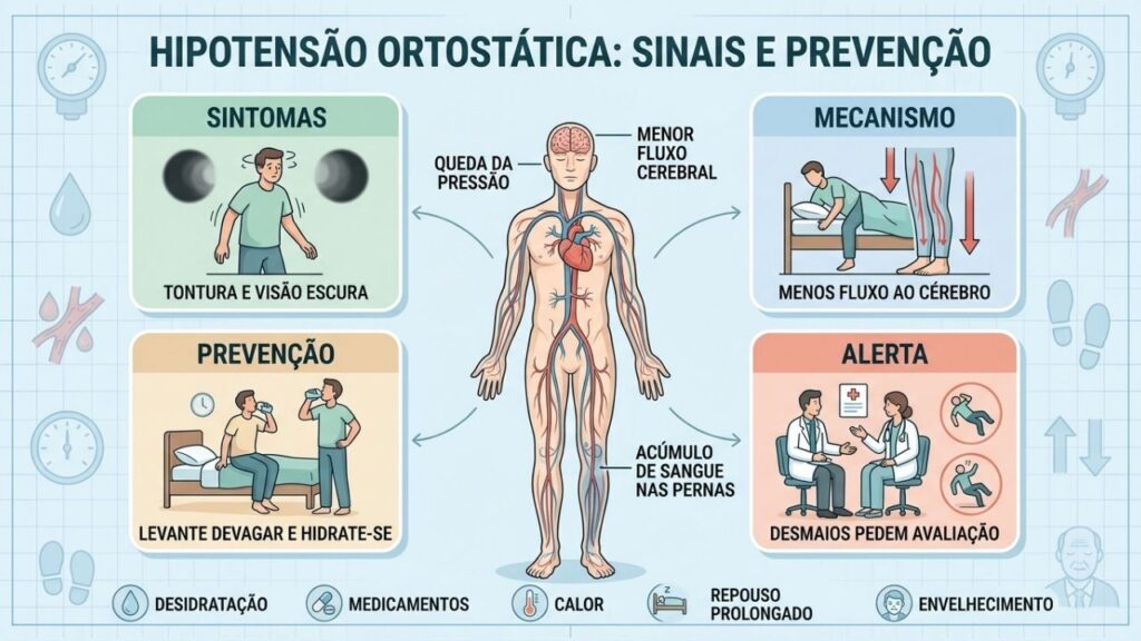 Sintomas, mecanismo, prevenção e alertas explicam a hipotensão ortostática.