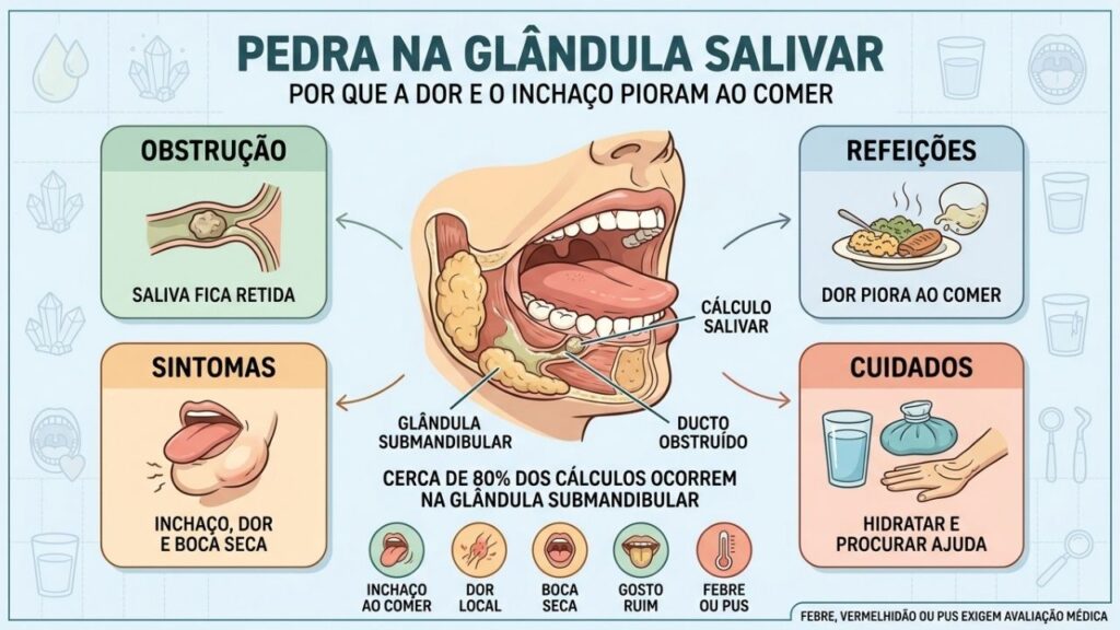 Obstrução, sintomas e cuidados explicam a dor salivar durante as refeições.