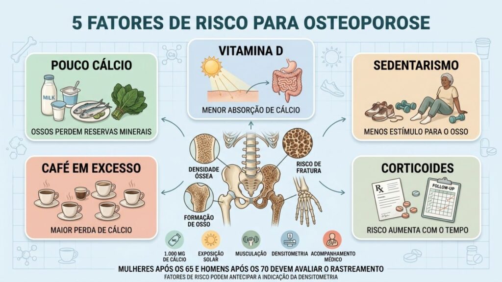 Cálcio, vitamina D, atividade física, café e corticoides afetam a densidade óssea.
