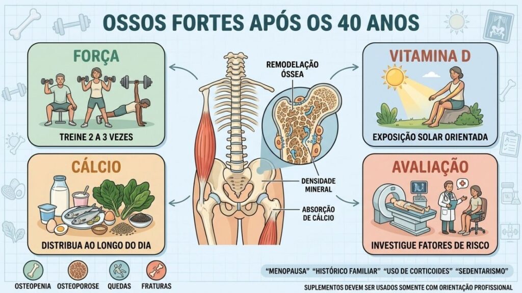 Treino, vitamina D, cálcio e avaliação formam a base da saúde óssea.