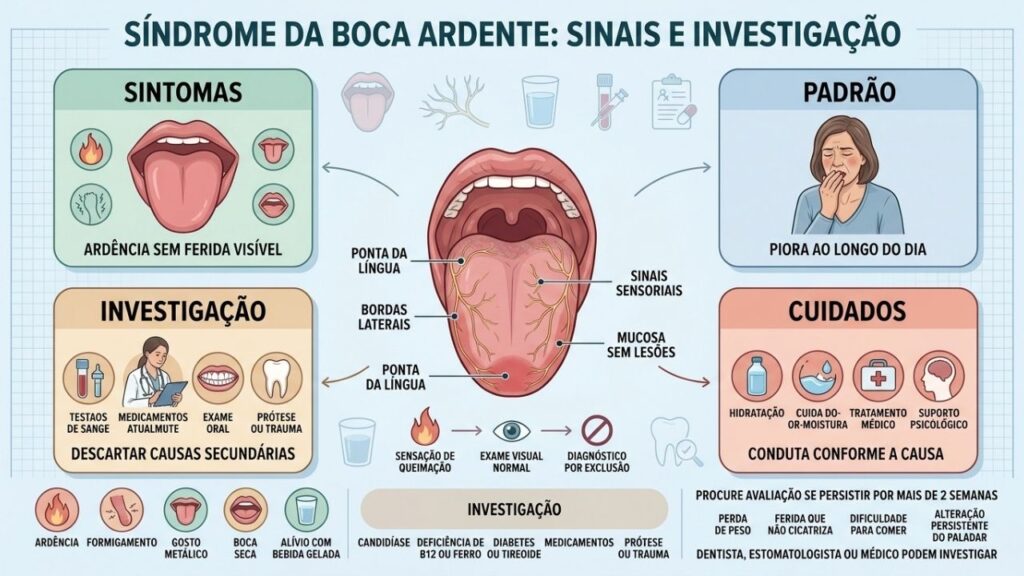 Sintomas, padrão e investigação ajudam a identificar a síndrome da boca ardente.