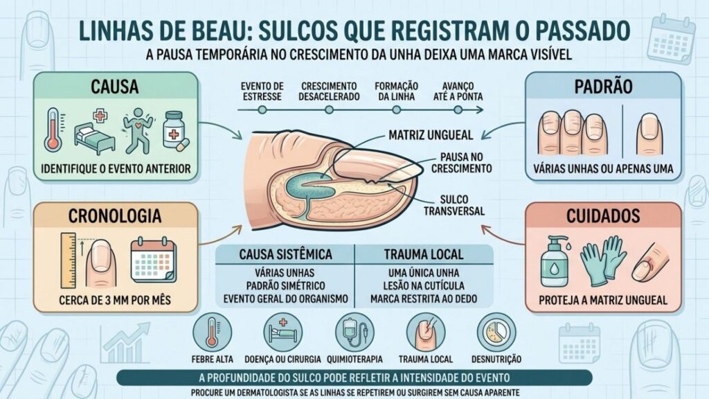 Causa, padrão, cronologia e cuidados ajudam a interpretar as linhas de Beau.