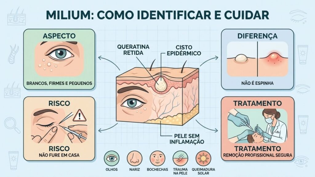 Aspecto, diferenças, riscos e tratamento seguro ajudam a reconhecer o milium.