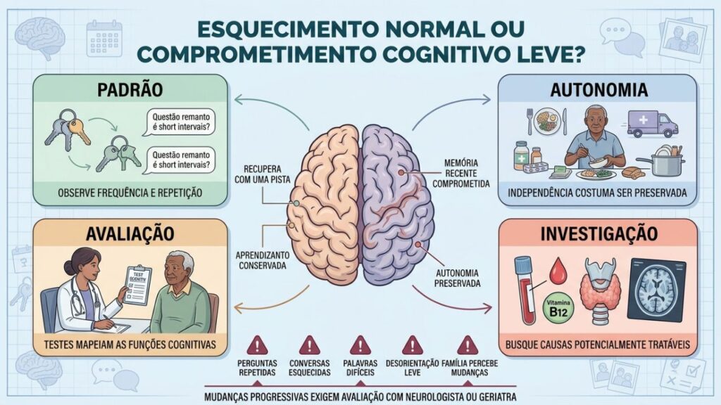 Padrão, autonomia, testes e investigação ajudam a diferenciar esquecimento comum de CCL.