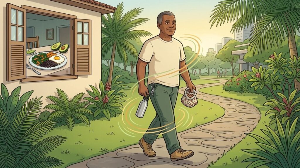 Uma breve caminhada após comer favorece glicose estável e energia prolongada.