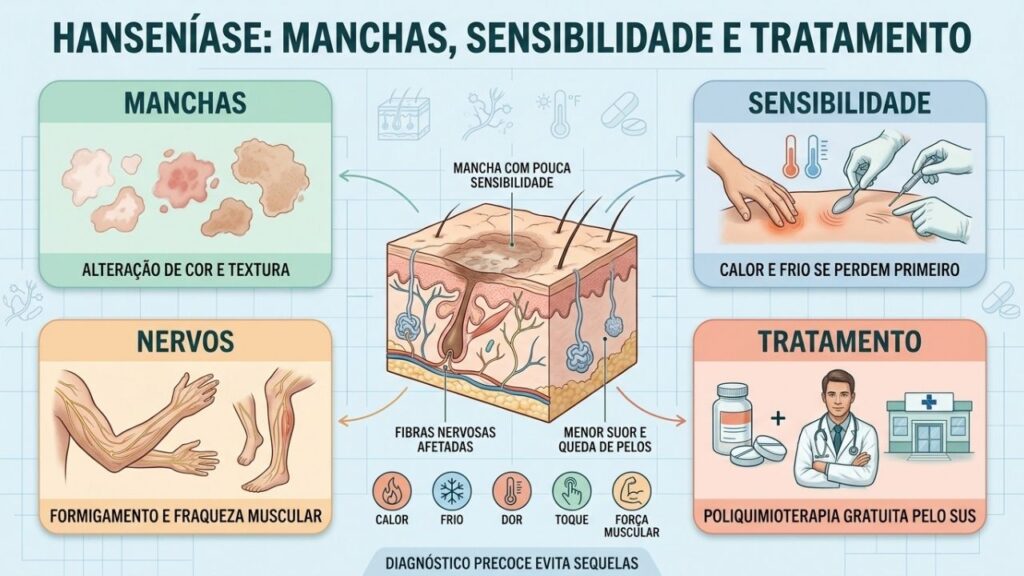 Manchas, sensibilidade, nervos e tratamento orientam o diagnóstico precoce da hanseníase.