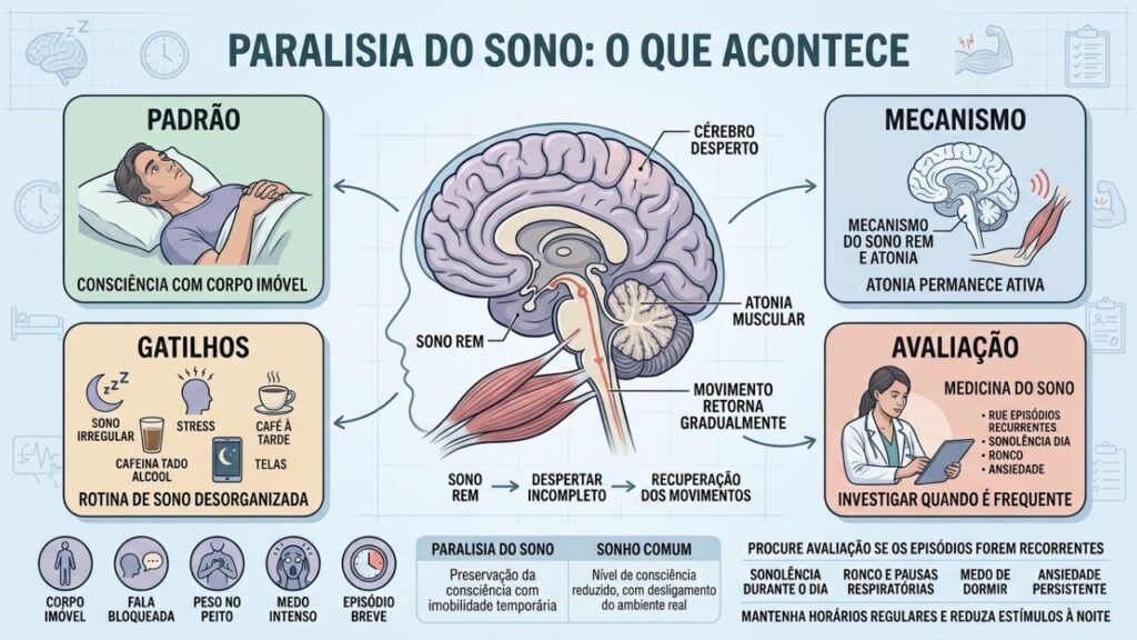 Sono REM, atonia muscular e gatilhos explicam a paralisia do sono.