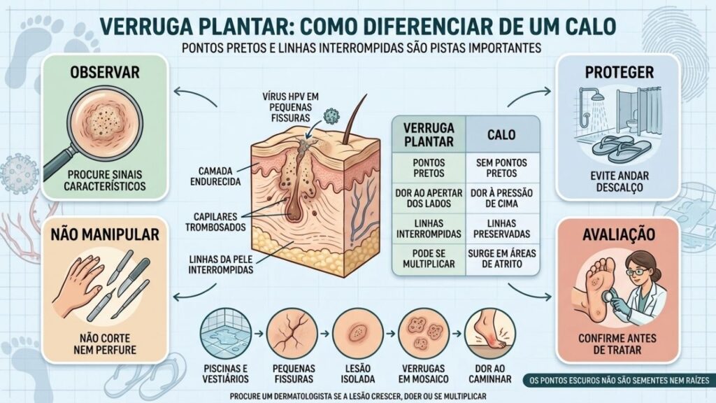 Pontos pretos, dor lateral e linhas interrompidas diferenciam verruga plantar de calo.