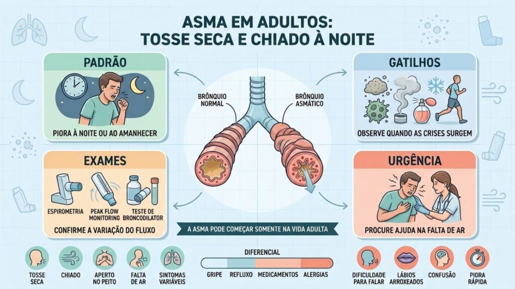 Padrão noturno, gatilhos, exames e sinais de urgência orientam a investigação.