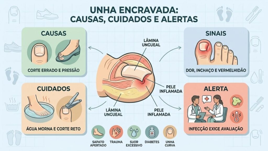 Causas, sinais, cuidados e alertas orientam o manejo da unha encravada.