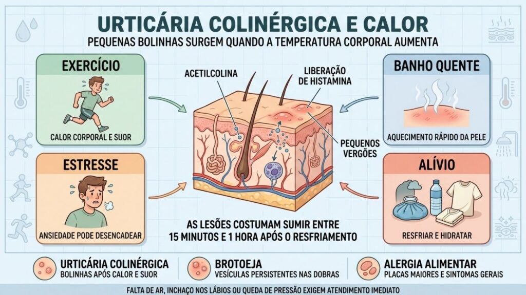 Exercício, calor, estresse e resfriamento explicam as crises de urticária colinérgica.