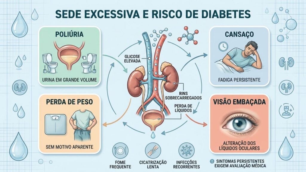 Poliúria, cansaço, perda de peso e visão embaçada exigem investigação.