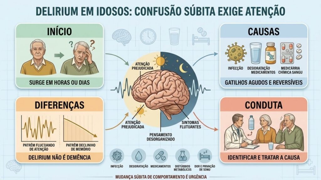 Início abrupto, causas reversíveis e flutuação ajudam a reconhecer o delirium.