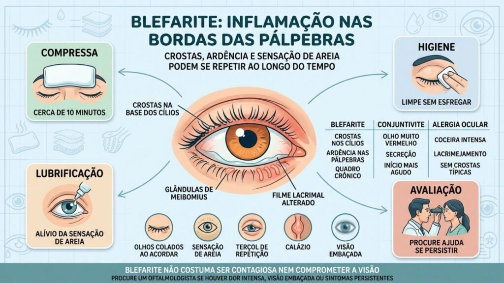 Compressa, higiene, lubrificação e avaliação reduzem crostas e irritação nas pálpebras.