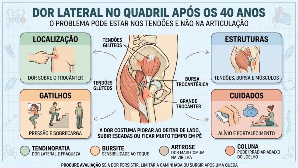 Localização, estruturas, gatilhos e cuidados ajudam a reconhecer a dor trocantérica.