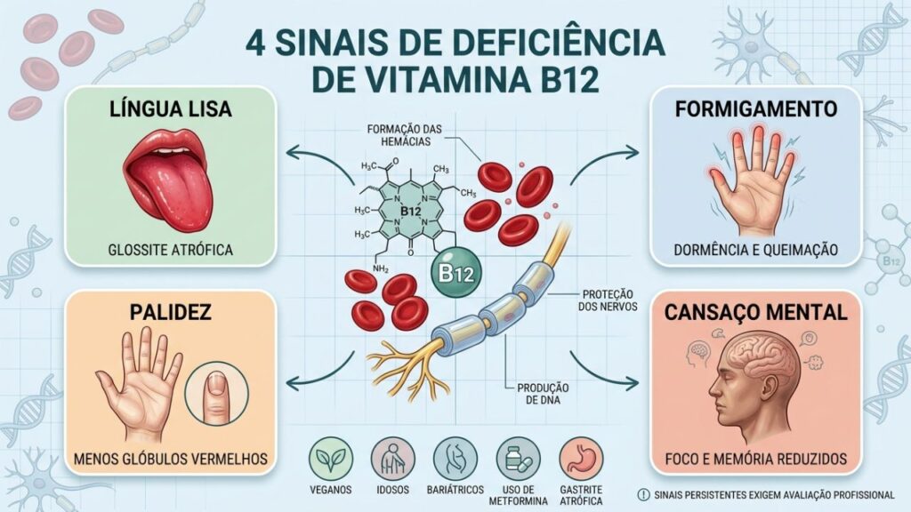 Quatro sinais visíveis ajudam a reconhecer cedo a deficiência de vitamina B12.