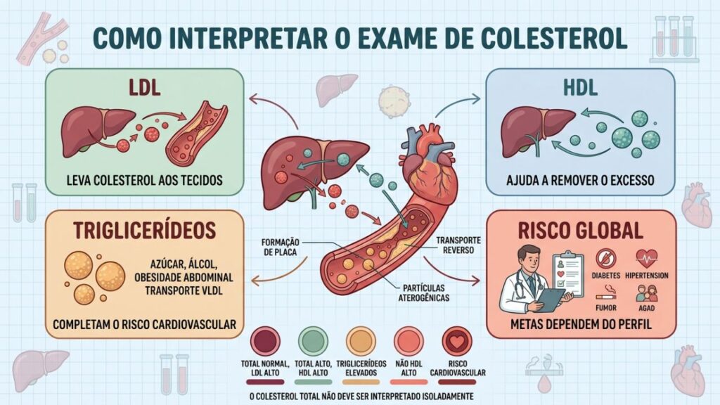 LDL, HDL, triglicerídeos e risco global orientam a leitura do lipidograma.