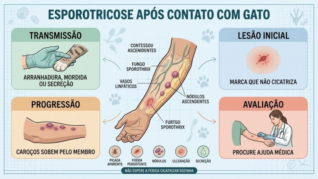 Transmissão, lesão persistente, nódulos ascendentes e avaliação formam os sinais principais.