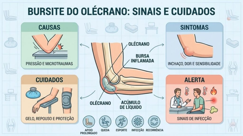 Sinais, cuidados, prevenção e alertas orientam o manejo da bursite do olécrano.