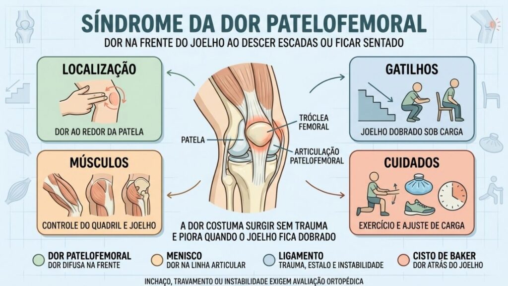 Localização, gatilhos, músculos e cuidados explicam a dor patelofemoral.