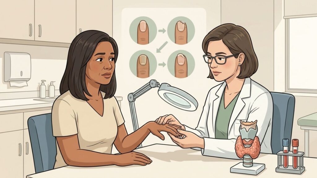 Alterações em várias unhas merecem avaliação dermatológica e hormonal individualizada.