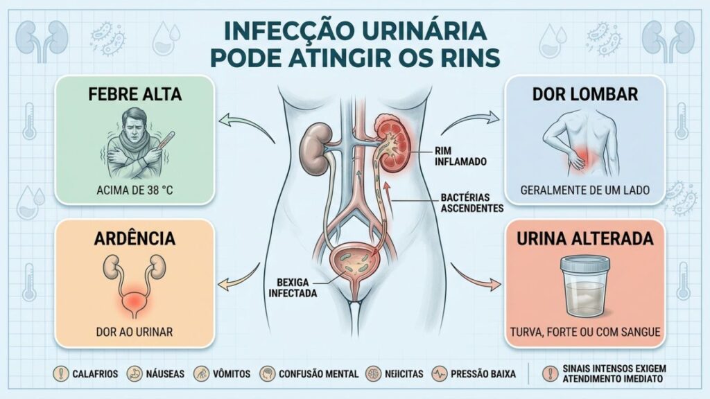 Febre, dor lombar, ardência e urina alterada sugerem pielonefrite.