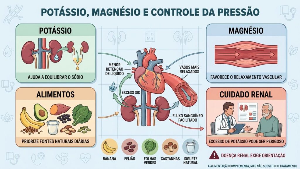 Potássio, magnésio, alimentos naturais e cuidado renal orientam o controle seguro.