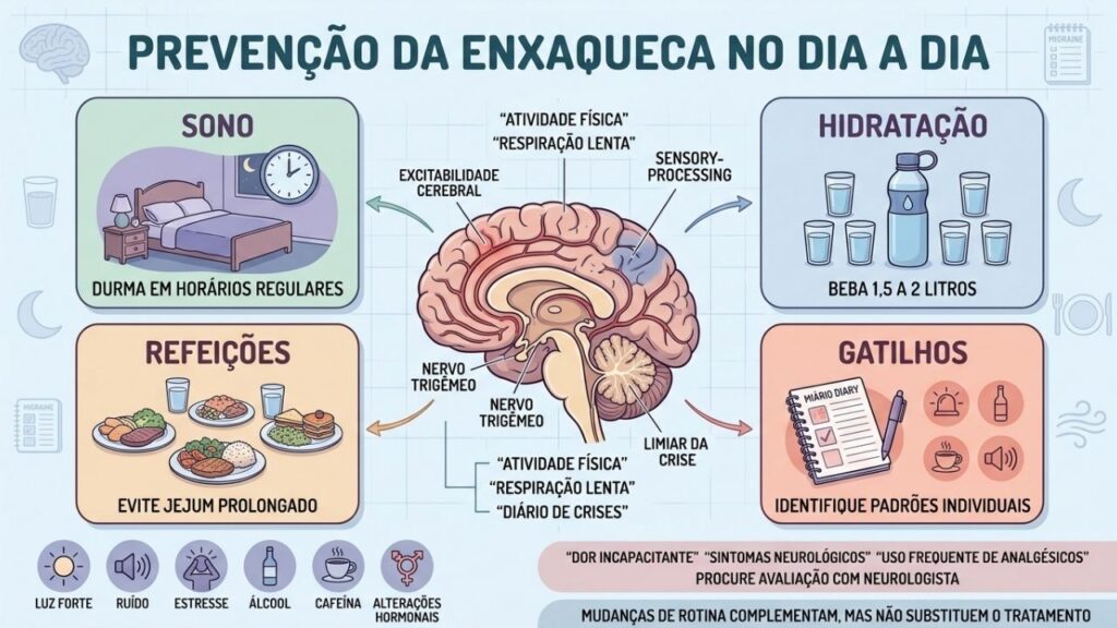 Sono, água, refeições e controle de gatilhos estruturam a prevenção da enxaqueca.