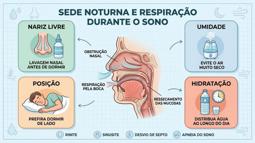 Respiração nasal, umidade, posição e hidratação ajudam a reduzir a sede noturna.