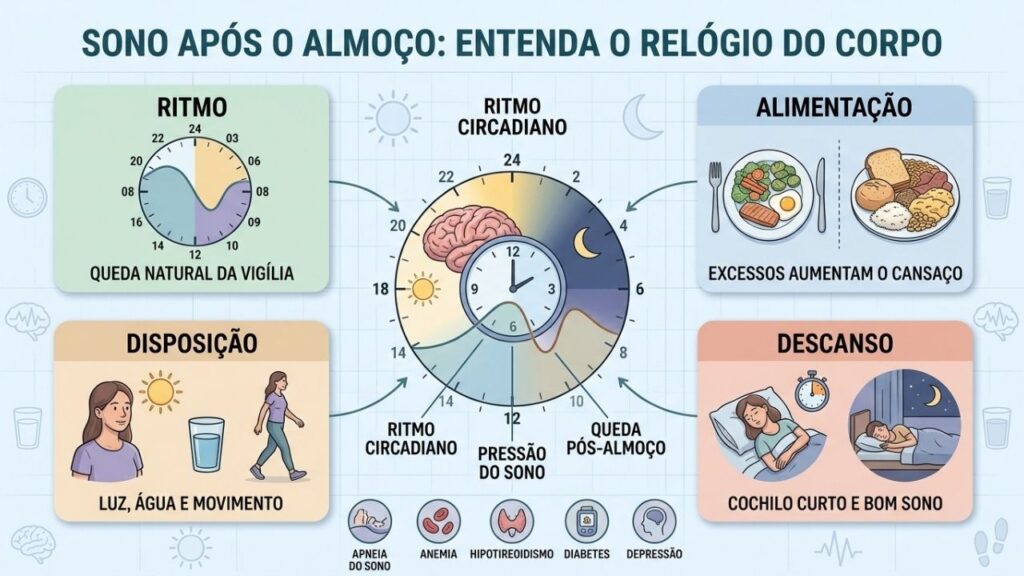 Ritmo circadiano, alimentação, movimento e descanso influenciam a energia após o almoço.