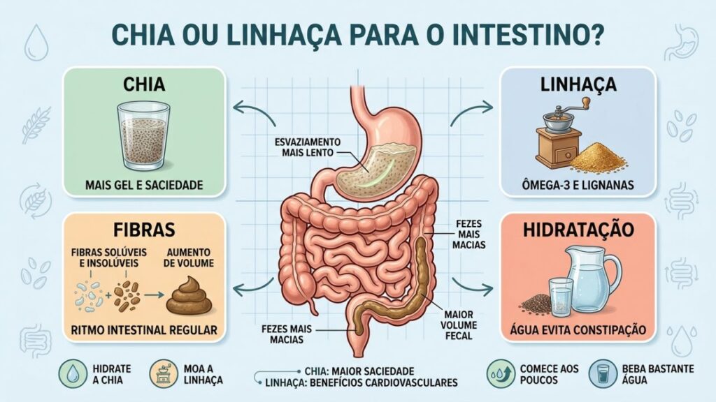 Chia hidratada, linhaça moída, fibras e água favorecem saciedade e trânsito intestinal.