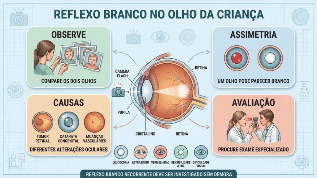 Observação das fotos, causas possíveis e avaliação ocular orientam a investigação.