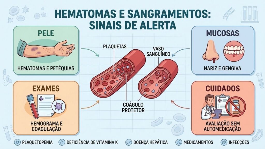 Pele, mucosas, exames e cuidados orientam a investigação de alterações sanguíneas.