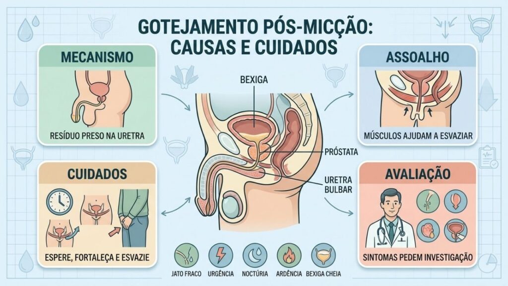 Avaliação urológica esclarece gotejamento persistente e outros sintomas urinários.