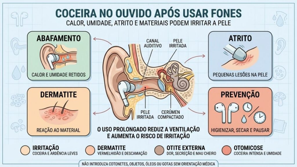 Abafamento, atrito, dermatite e prevenção explicam a coceira provocada pelos fones.