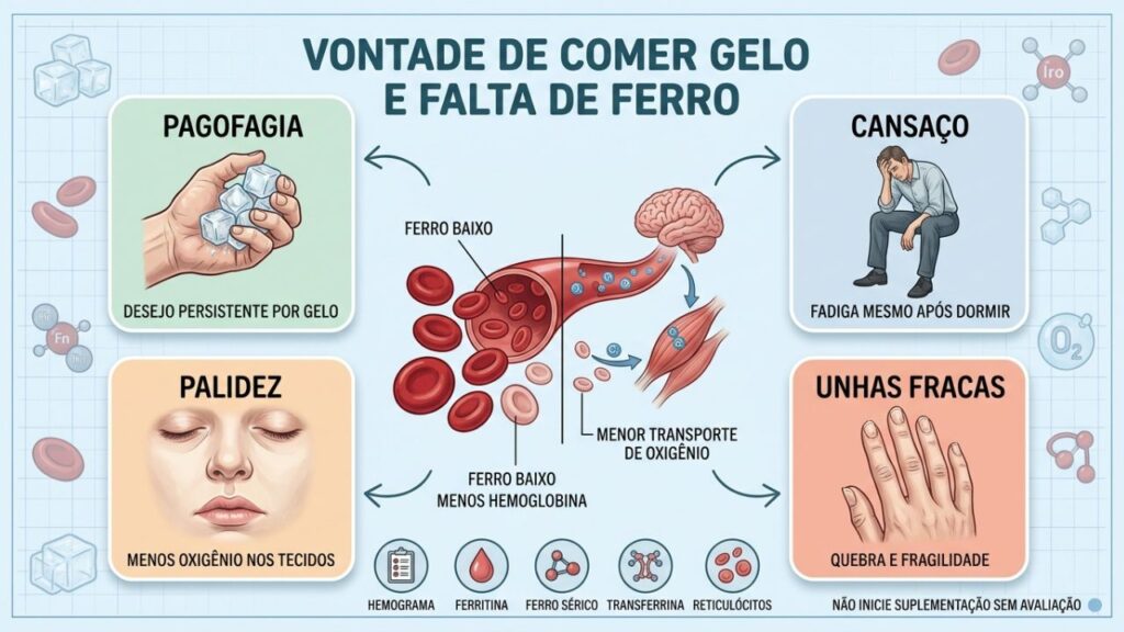 Pagofagia, cansaço, palidez e unhas frágeis podem indicar anemia ferropriva.
