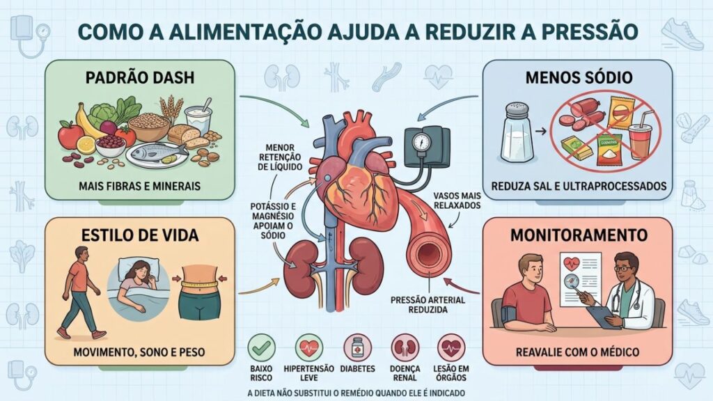 DASH, menos sódio, hábitos saudáveis e acompanhamento ajudam a controlar a pressão.