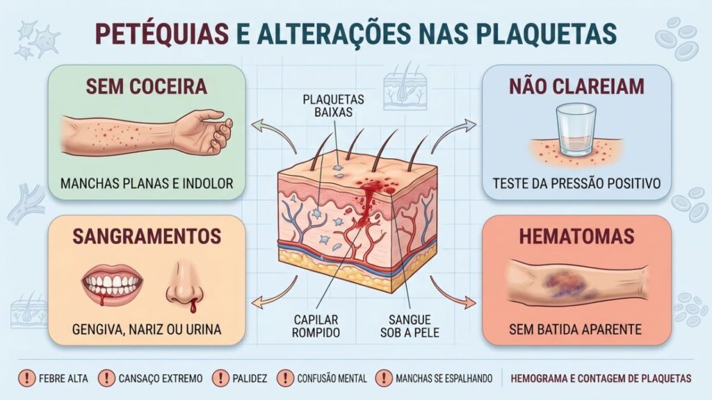 Ausência de coceira, teste positivo, sangramentos e hematomas sugerem petéquias.