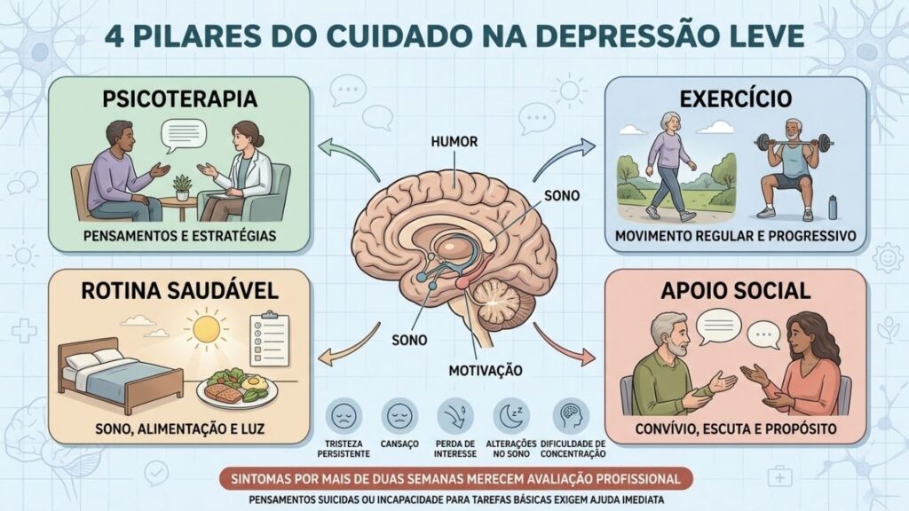 Psicoterapia, exercício, rotina saudável e apoio social integram o cuidado individualizado.
