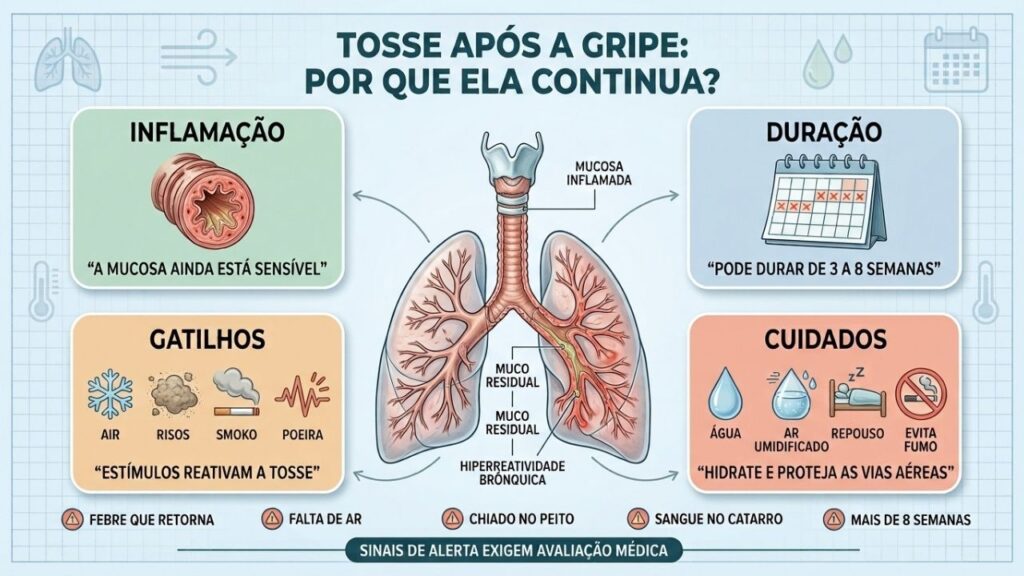 Inflamação, duração, gatilhos e cuidados explicam a tosse após a gripe.