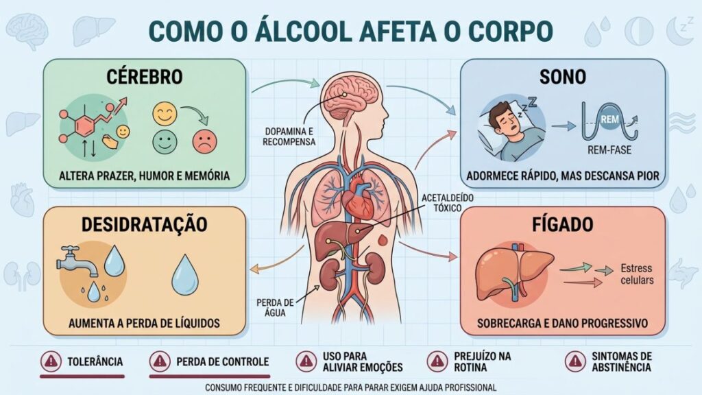Cérebro, sono, hidratação e fígado sofrem com o consumo regular de álcool.